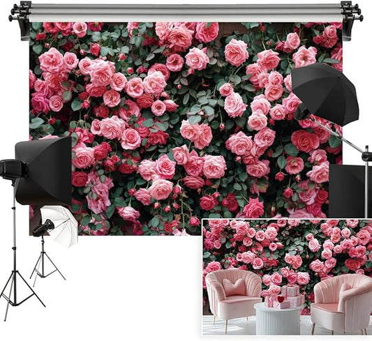 12x8ft Pink Flower Wall Backdrop Roses Floral Background Spring Tea Party Photography Banner for Wedding Birthday Bridal Shower Mother's Day Women's Day Valentine's Day Princess Portraits