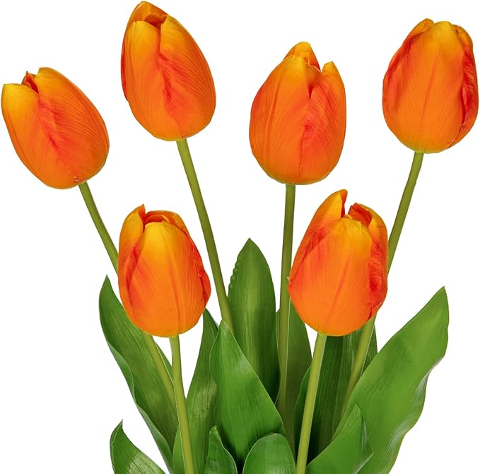 6PCS 23" Fake Tulip Flowers Artificial Orange Tulips Long Stem Faux Flower, Silk Flower Décor for Floral Arrangement Home Farmhouse Wedding Decoration