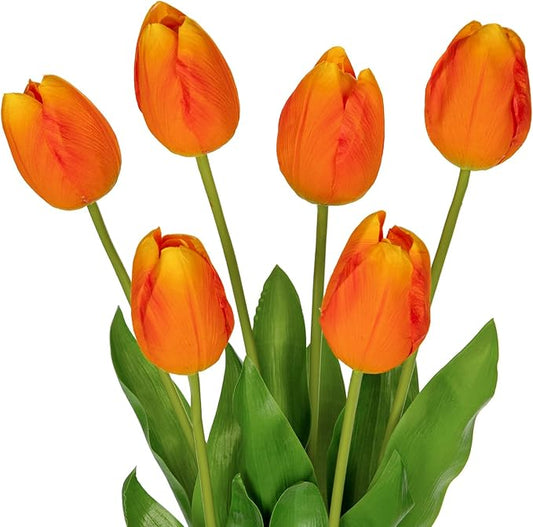 6PCS 23" Fake Tulip Flowers Artificial Orange Tulips Long Stem Faux Flower, Silk Flower Décor for Floral Arrangement Home Farmhouse Wedding Decoration