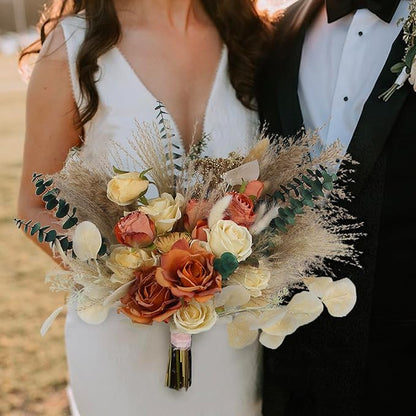 Rinlong 15.7" Wide Fall Wedding Bouquets for Bride Burnt Orange Dried Flowers Pampas Bridal Bouquet for Wedding Boho Terracotta Bouquets
