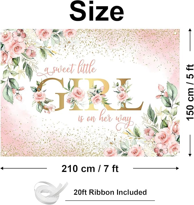 Avezano Girl Baby Shower Backdrop Pink Floral Sweet Baby Baby Shower Banner A Sweet Little Girl is on Her Way Party Decorations Banner (7x5ft)