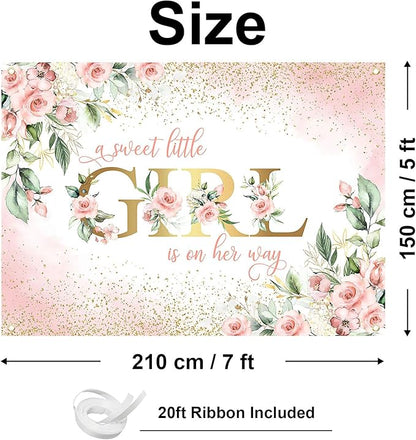 Avezano Girl Baby Shower Backdrop Pink Floral Sweet Baby Baby Shower Banner A Sweet Little Girl is on Her Way Party Decorations Banner (7x5ft)