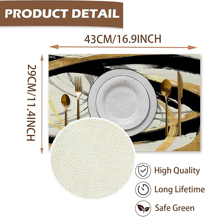 Abstract Black White and Gold Placemats Set of 4, Modern Contemporary Placemats Table Mats Place Mats for Kitchen Dining Table Winter Holiday Party Decoration 16.9x11.4 Inch