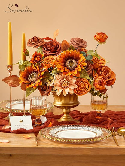 Serwalin Sunflower Artificial Flowers Burnt Orange Fall Flowers Fake Cake Flowers for DIY Wedding Bridal Bouquet Centerpieces Floral Arrangement Fall Decor Baby Shower Home Decor