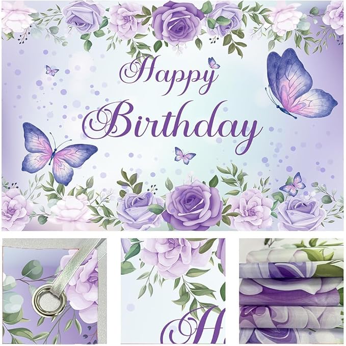 Purple Butterfly Birthday Banner Backdrop for Women Girl (59x36 inch) Purple Happy Birthday Decorations Banner for Women Rose Flowers Butterfly Backdrop Decortions for Girl