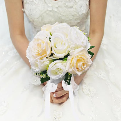 Wedding Bouquets for Bride - Realistic Silk Flowers Artificial Roses, 8 Inch Bridesmaid Bouquet for Ceremony, Church, Anniversary, and Home Decoration (White & Champagne)