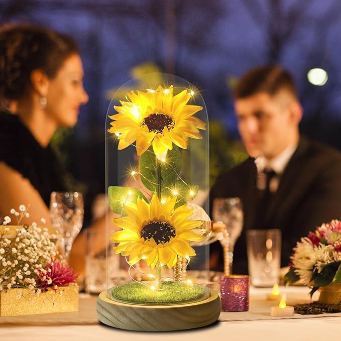 Christmas Sunflower Gifts for Women Mom Grandma, Enchanted LED Sunflower Lamp, Unique Artificial Flowers in Glass Dome, Present for Christmas,Birthday, Anniversary, Wedding,Mother's Day
