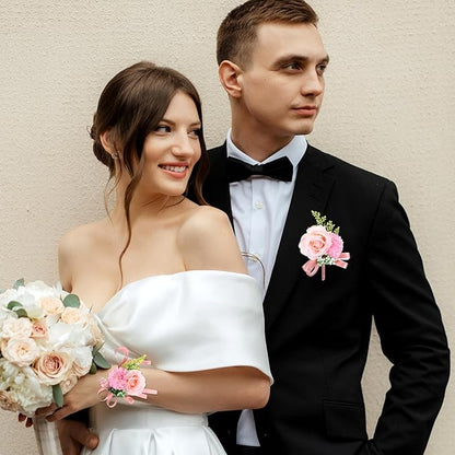 Corsage and Boutonniere Set, Artificial Corsage Wristlet and Boutonniere for Wedding Flowers Accessories (Pink, 2PCS)
