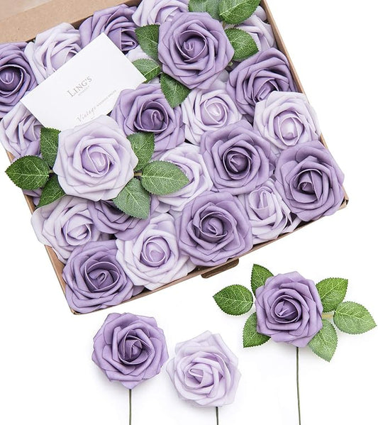 Ling's moment Artificial Flowers 25Pcs Dusty Violet Roses Decor w/Stems,3" Real Touch DIY Foam Floral for Wedding Bouquet/Centerpieces, Outdoors Party Backdrop, Room/Table, and Garden/Pot Decorations