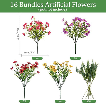 Artificial Faux Plants Flowers Outdoor Decoration,16 Bundles Fake Silk Colorful Daisy Eucalyptus Realistic UV Resistant for Outside Home Planter Porch Patio Yard Decor (Mix Purple Pink Yellow Red)
