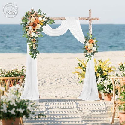 Wedding Arch Flowers Kit,Artificial Flower Arch Decor (Set of 3),2pcs Artificial Flower Arrangement with 1pc Sheer Drape for Wedding Decor Reception Backdrop Floral Decorations (Coffee Orange)