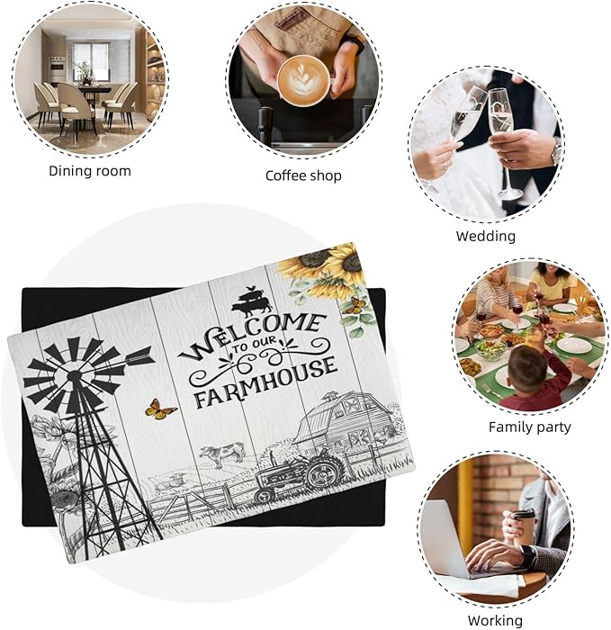 Farm Placemats, Vintage Rustic Farmhouse Wooden Plank Cow Sunflower Tractor Windmill Butterfly Print Washable Fabric Placemats Table Kitchen Dining Party 12x18 Inch Set of 4