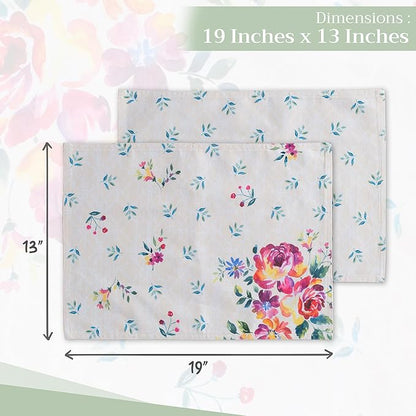 Maison d' Hermine Placemats Set of 4 100% Cotton Washable Cloth Place Mats, Reusable Table Mats for Kitchen Dining Decoration, Party, Wedding, Restaurant Spring/Summer (Rose Garden, 13" x 19")