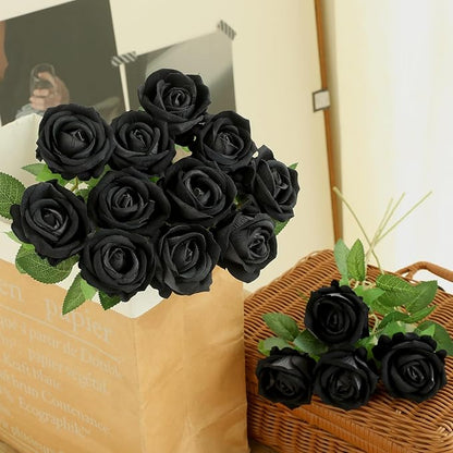 50Pcs Black Roses Artificial Flowers Fake Rose Faux Velvet Silk Flowers for Home Wedding Decoration (Pearl Roses, Pure Black)