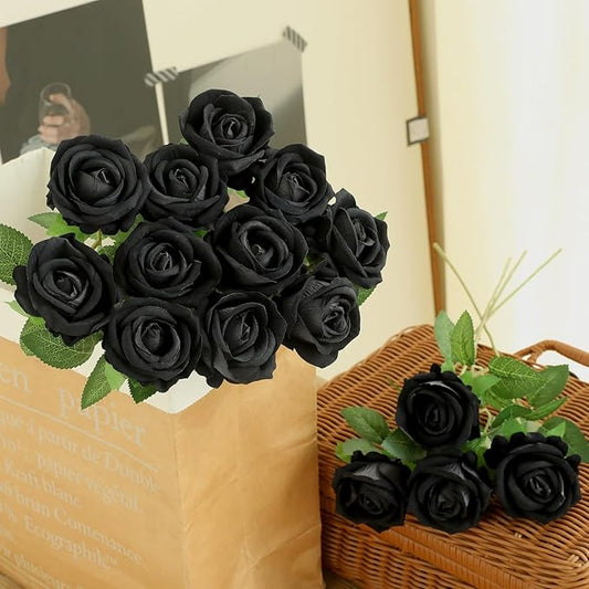 50Pcs Black Roses Artificial Flowers Fake Rose Faux Velvet Silk Flowers for Home Wedding Decoration (Pearl Roses, Pure Black)