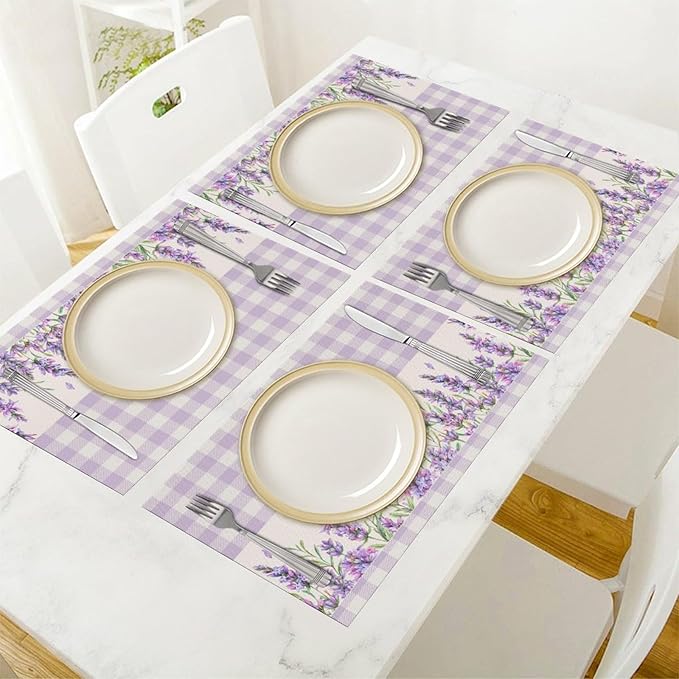 Flowers Leaves Spring Placemats Set of 4,Purple Plaid Background Flower Seasonal Table Mats for Party Kitchen Dining Decoration 6 PCS