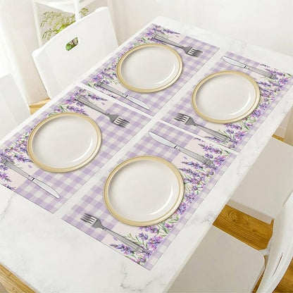 Flowers Leaves Spring Placemats Set of 4,Purple Plaid Background Flower Seasonal Table Mats for Party Kitchen Dining Decoration 6 PCS