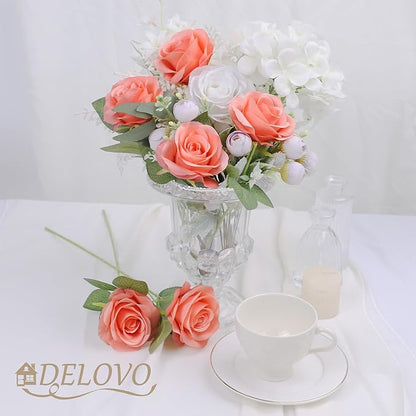 52pcs Coral Peach Roses Artificial Flowers Fake Flowers Silk Roses with Stems for DIY Wedding Bouquets Bridal Shower Centerpieces Arrangements Party Decorations