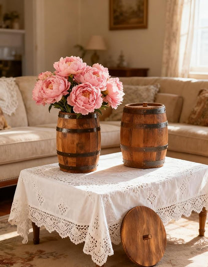 Wood Wine Barrel Vase 6" x 5" – Mini Barrel Rustic Wooden Flower Vase Planter for Wedding Reception, Party Table Decoration,Home Indoor Outdoor Garden, Kitchen,Planting-2pcs (2)