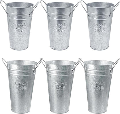 6 Packs 8 & 10 Inch Tall Galvanized Metal Flower Vases with Handles, Metal Flower Buckets for Cut Flowers, Country Wedding, Table Centerpiece Decorations(Sliver)
