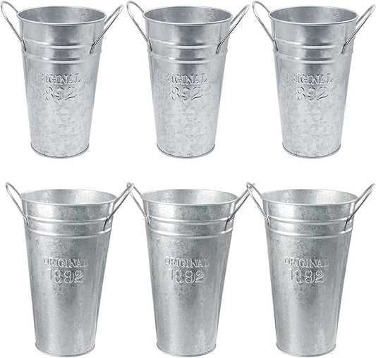 6 Packs 8 & 10 Inch Tall Galvanized Metal Flower Vases with Handles, Metal Flower Buckets for Cut Flowers, Country Wedding, Table Centerpiece Decorations(Sliver)