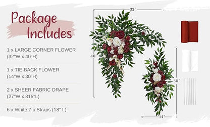 Wedding Arch Flowers with Drapes Kit (Pack of 4) - 2pcs Artificial Christmas Marsala Deluxe Swag with 2pcs Sheer Drapes for Wedding Ceremony Arbor Reception Backdrop Rose Floral Decoration