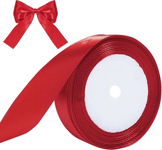 Red Ribbon for Gift Wrapping, 1 inch Polyester Satin Hair Ribbon for Flower Bouquet, Weeding Decoration, Baby Shower, Crafts Bows Fabric Christmas Ribbons 25 Yards