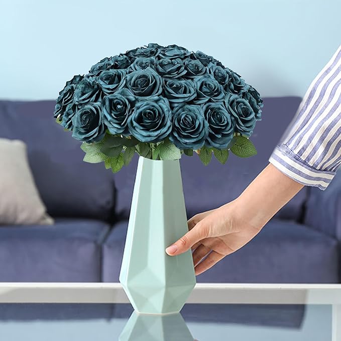 50pcs Artificial Rose Flower Dark Green Rose Emerald Green Flower with Long Stem Silk Roses Bouquet for Wedding Bridal Shower Party Home Decoration
