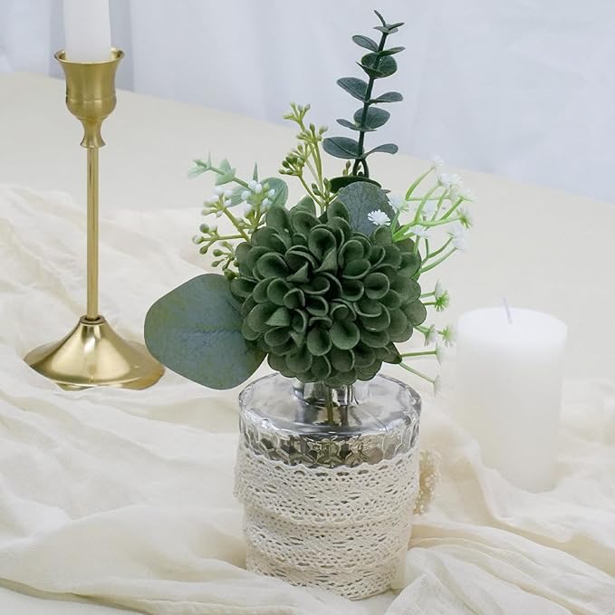 Artificial Flowers, 25pcs Realistic Artificial Rose for DIY Wedding Bouquets Centerpieces Arrangements, Sage Green and White Dahlia Flowers with Stem for Birthday Party