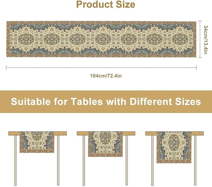 Boho Bohemian Table Tunner, Vintage Neutral Traditional Mandala Floral Blue Beige Medallion Table Runner for Kitchen Dining Outdoor Indoor Home Decor, 13x60 Inch