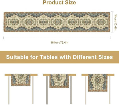 Boho Bohemian Table Tunner, Vintage Neutral Traditional Mandala Floral Blue Beige Medallion Table Runner for Kitchen Dining Outdoor Indoor Home Decor, 13x120 Inch