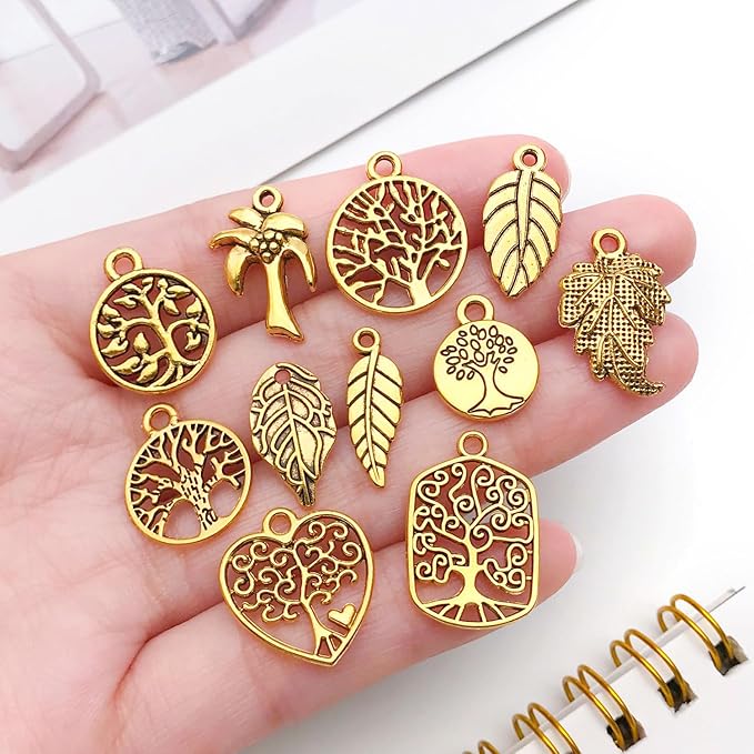 WOCRAFT 60pcs Antique Gold Tree Leaf Charms Bracelet Charms for Jewelry Making Sets DIY Necklace Bracelet Keychain Crafting Charms Kit Craft Supplies (SN888)