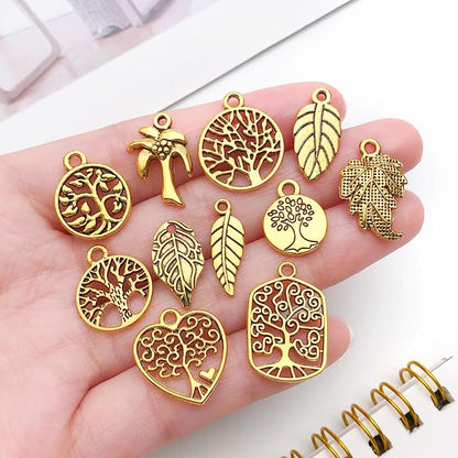 WOCRAFT 60pcs Antique Gold Tree Leaf Charms Bracelet Charms for Jewelry Making Sets DIY Necklace Bracelet Keychain Crafting Charms Kit Craft Supplies (SN888)