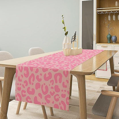 Pink Leopard Print Table Runner, Vintage Animal Skin Farmhouse Cottage Country Western Wildlife Safari Dinner Runner for Kitchen Dining Table Party Holiday Decor 13x70in