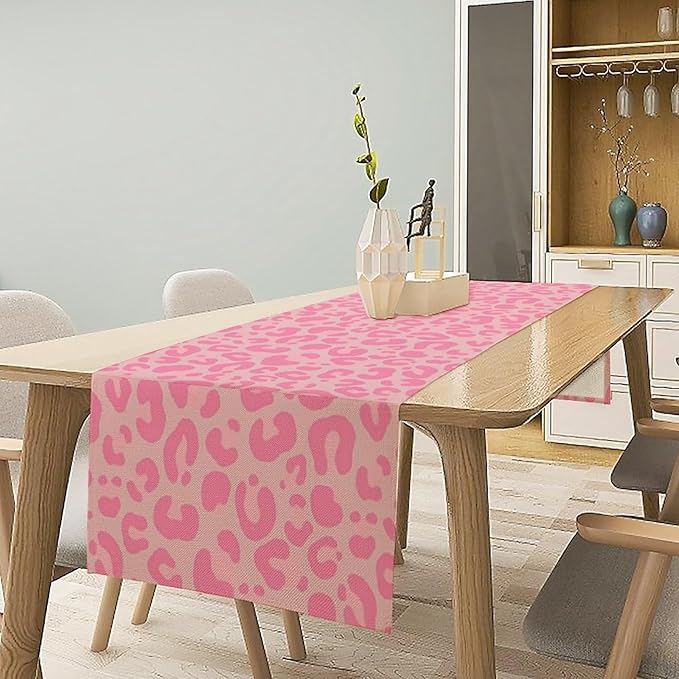 Pink Leopard Print Table Runner, Vintage Animal Skin Farmhouse Cottage Country Western Wildlife Safari Dinner Runner for Kitchen Dining Table Party Holiday Decor 13x36in