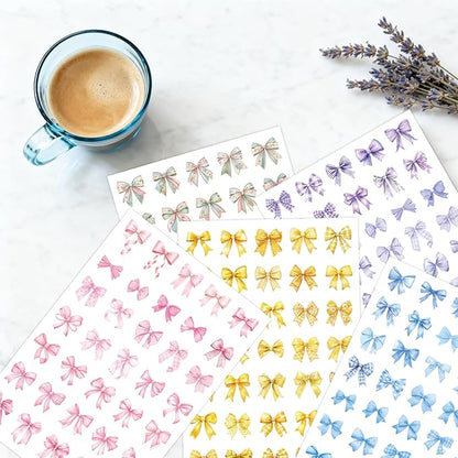 18 Sheets 7 Colors Bow Stickers, 720 PCS Cute Aesthetic Coquette Girly Decorative Stickers with 360 Designs for Crafts Scrapbooking Journaling Party Favors for Teens Women