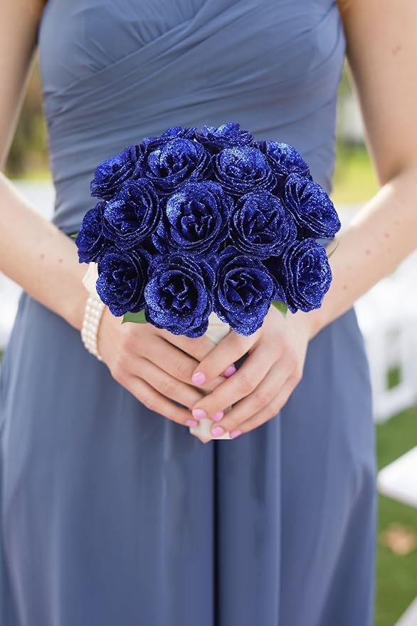 Glitter Roses,30PCS Royal Blue Flowers Artificial Roses with Stems for Wedding Bouquet Party Christmas Home Decor(Royal Blue)