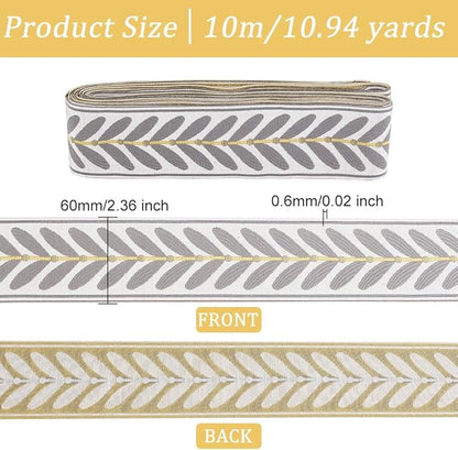 OLYCRAFT 10.9Yards Jacquard Ribbon Trim 2.4 Inch Leaf Pattern Polyester Ribbons Grey White Woven Embroidery Trim for DIY Sewing Crafts Handmade Bag Belts Clothing Decoration
