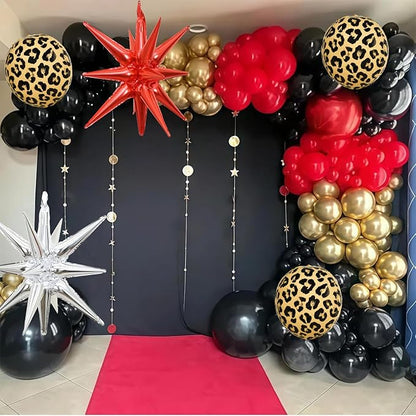 Red Black Gold Balloon Arch Garland Kit Leopard Cheetah Print Party Balloons Black Red Metallic Silver Gold Explosion Star Balloon for Girl Night Bachelorette New Year Casino Birthday Party Decoration