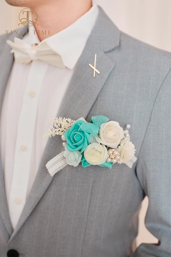 TINGE TIME Boutonniere for Men Wedding,Groom and Best Man Boutonniere for Wedding, Prom, Homecoming, Anniversary, Graduation, Christmas Dinner (1, Teal Blue & Champange)