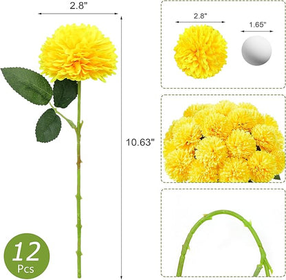 SITUMEIZI 12 Pcs Yellow Artificial Chrysanthemums Flowers Ball Flower Fake Mums Silk for Fall Thanksgiving Day Wedding Home Kitchen Decoration Floral Arrangement