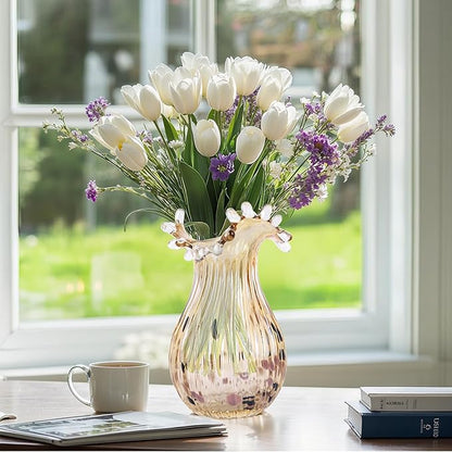 DOVDOV Hand Blown Amber Glass Art Deco Vase, Unique Wide Mouth Table Centerpiece, Perfect for Home Decor, Wedding, Engagement, or Housewarming