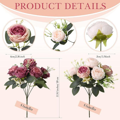 Geosar 16 Bundles Artificial Peonies Flowers Fake Silk Peony Bouquet Faux Peonies Flowers Bulk for Decoration Vase Floral Arrangements Wedding Party Table (Dusty Pink,Dusty Rose)