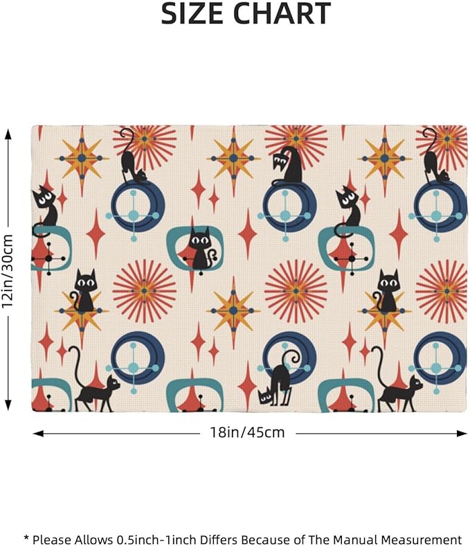 Mid Century Black Cat Modern Placemats Set of 4,Kitchen Table Mats for Dining Outdoor Home Decor 12x18 Retro Place Mats 4 PCS, Style-17