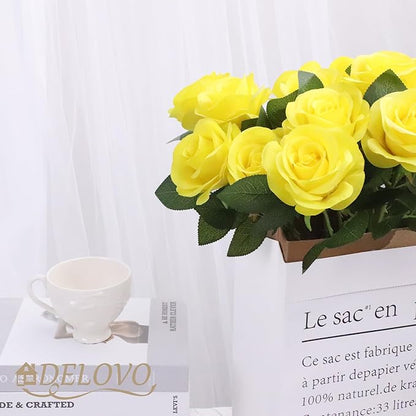 52pcs Yellow Roses Artificial Flowers Fake Flowers Silk Roses with Stems for DIY Wedding Bouquets Bridal Shower Centerpieces Arrangements Party Decorations
