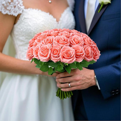 30pcs Artificial Rose Flower Coral Peach Flower with Long Stem Silk Roses Bouquet for Wedding Bridal Shower Party Home Decoration