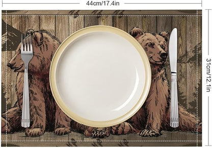 Rustic Lodge Bears Placemats Set of 4, Vintage Cabin Pine Tree Wooden Board Place Mats, Heat Resistant Non Slip Cotton Linen Dining Table Mats for Home Party Kitchen 18x12 Inch