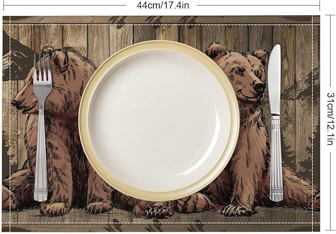 Rustic Lodge Bears Placemats Set of 6, Vintage Cabin Pine Tree Wooden Board Place Mats, Heat Resistant Non Slip Cotton Linen Dining Table Mats for Home Party Kitchen 18x12 Inch