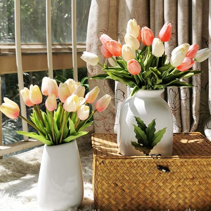 24pcs Multicolor Artificial Tulips Flowers Fake Faux PU Tulip Bouquet Real Touch Flower Arrangement for Home Room Office Party Wedding Decoration Excellent Gift Idea for Mothers Day
