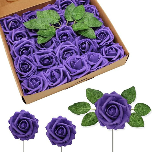 JOYLEX Artificial Flowers Realistic Roses, Real Looking Fake Roses with Stem for DIY Wedding Bouquets Centerpieces Bridal Shower Party Home Romantic Decorations (Dark Purple, Regular 3" - 200pcs)